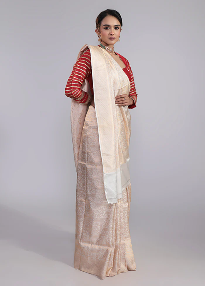 Cream Handloom Katan Pure Silk Saree With Blouse Piece - Image 4