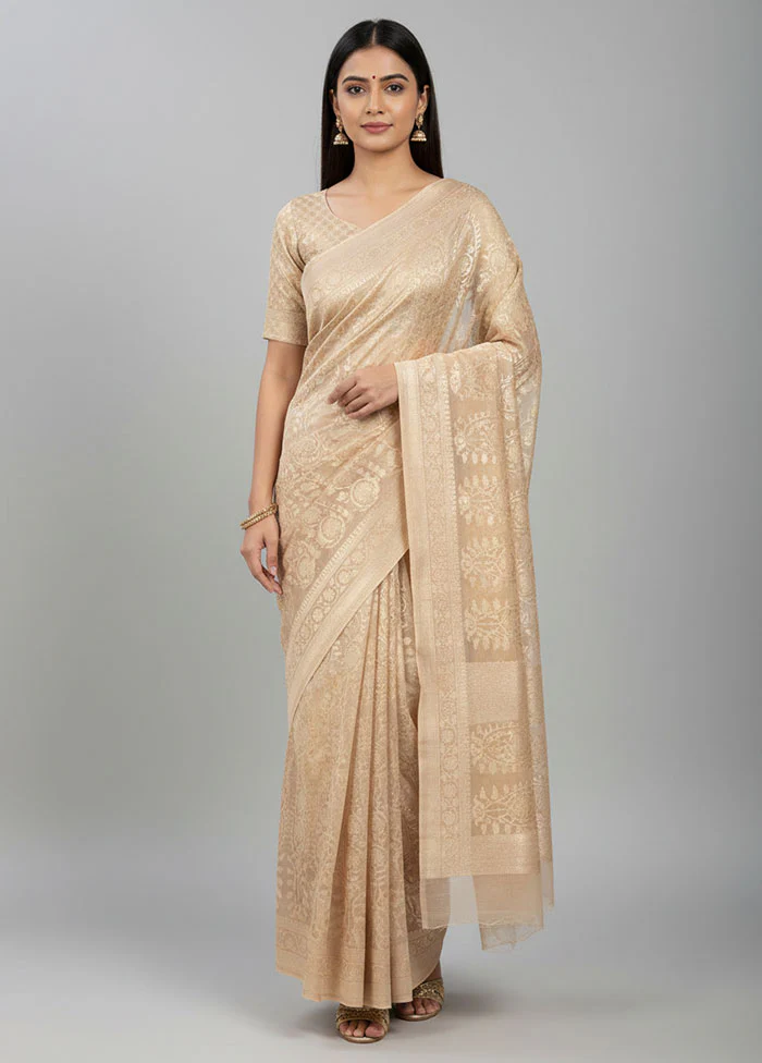 Cream Handloom Kora Pure Silk Saree With Blouse Piece
