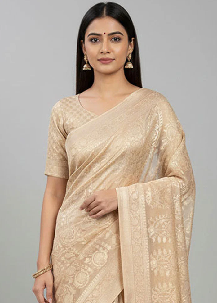 Cream Handloom Kora Pure Silk Saree With Blouse Piece - Image 2
