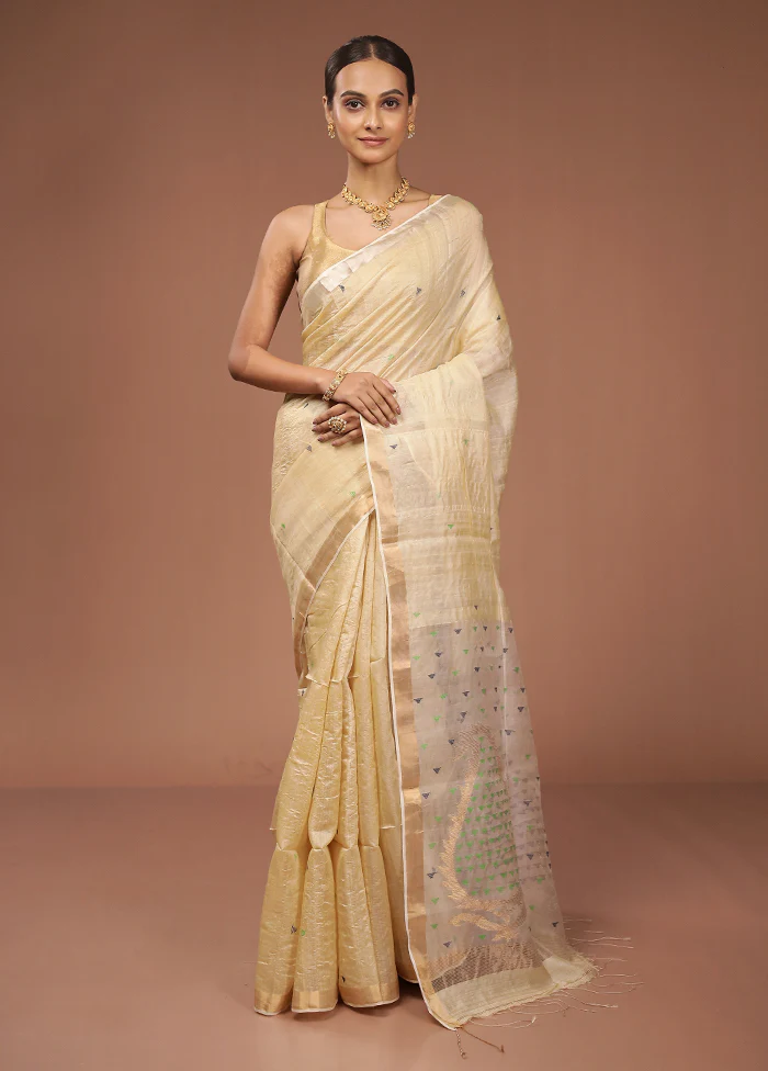 Cream Handloom Matka Pure Silk Saree With Blouse Piece - Image 2