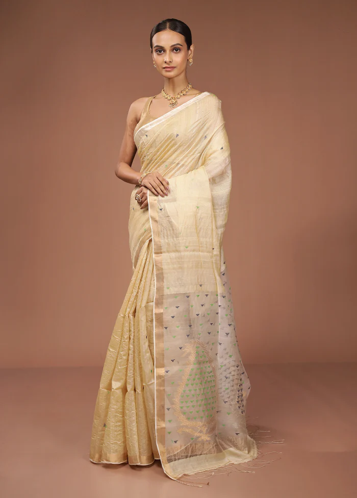 Cream Handloom Matka Pure Silk Saree With Blouse Piece - Image 4