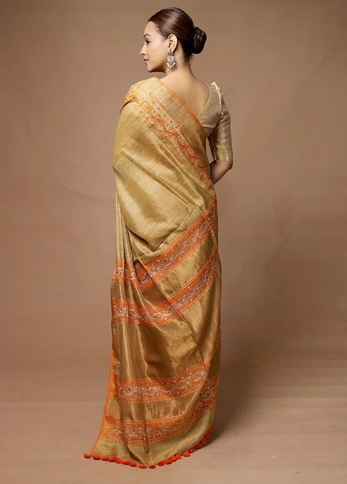 Cream Handloom Matka Pure Silk Saree With Blouse Piece - Image 3