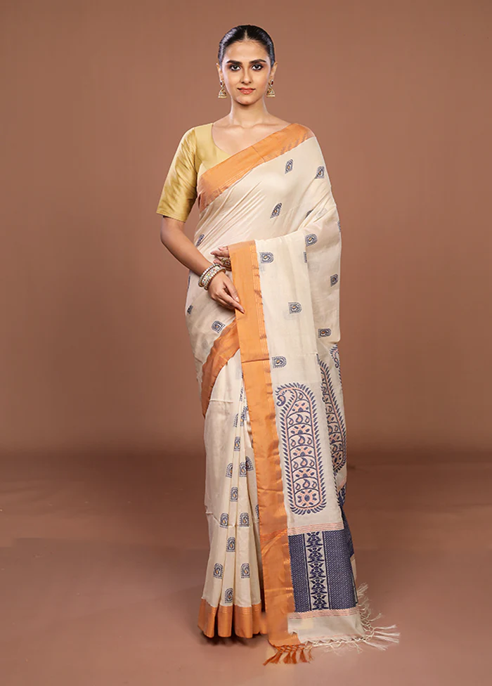 Cream Handloom Matka Silk Saree With Blouse Piece - Image 2