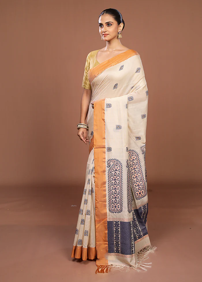 Cream Handloom Matka Silk Saree With Blouse Piece - Image 4