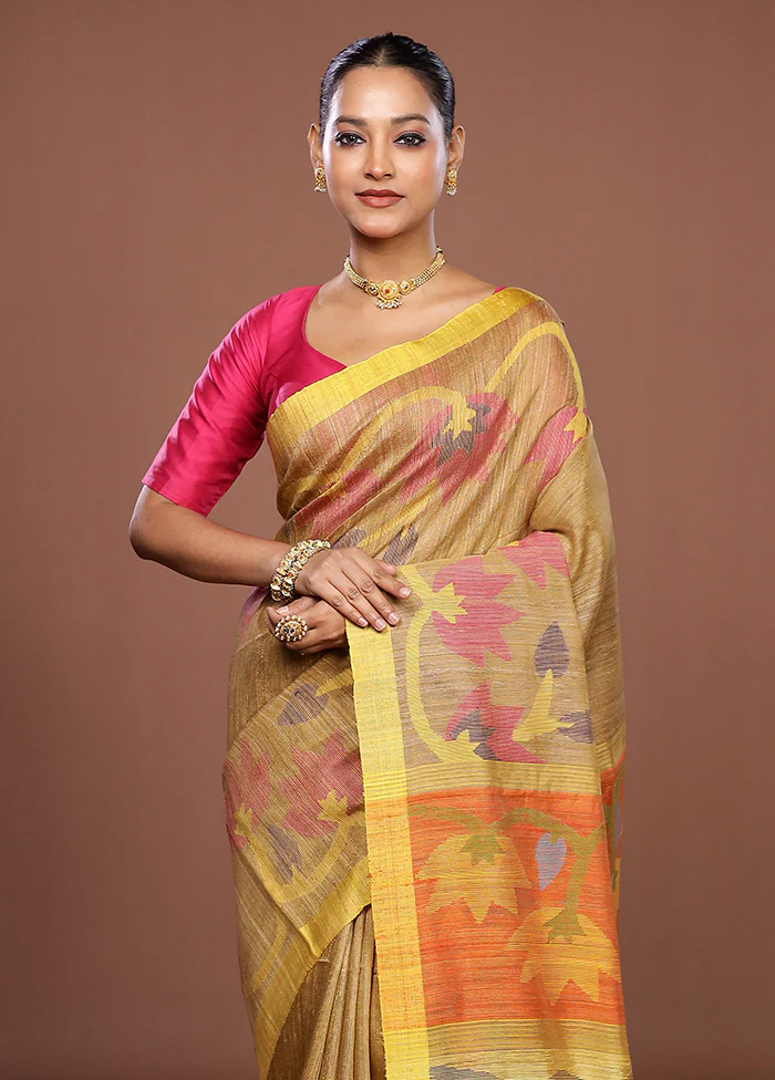 Cream Handloom Matka Pure Silk Saree With Blouse Piece