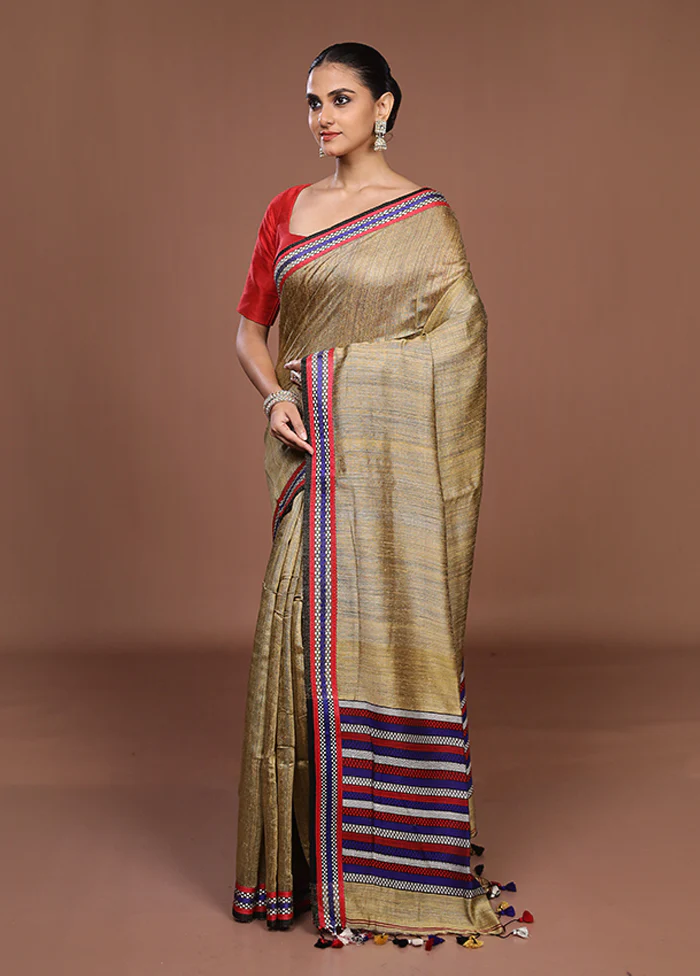 Cream Handloom Matka Pure Silk Saree With Blouse Piece - Image 4