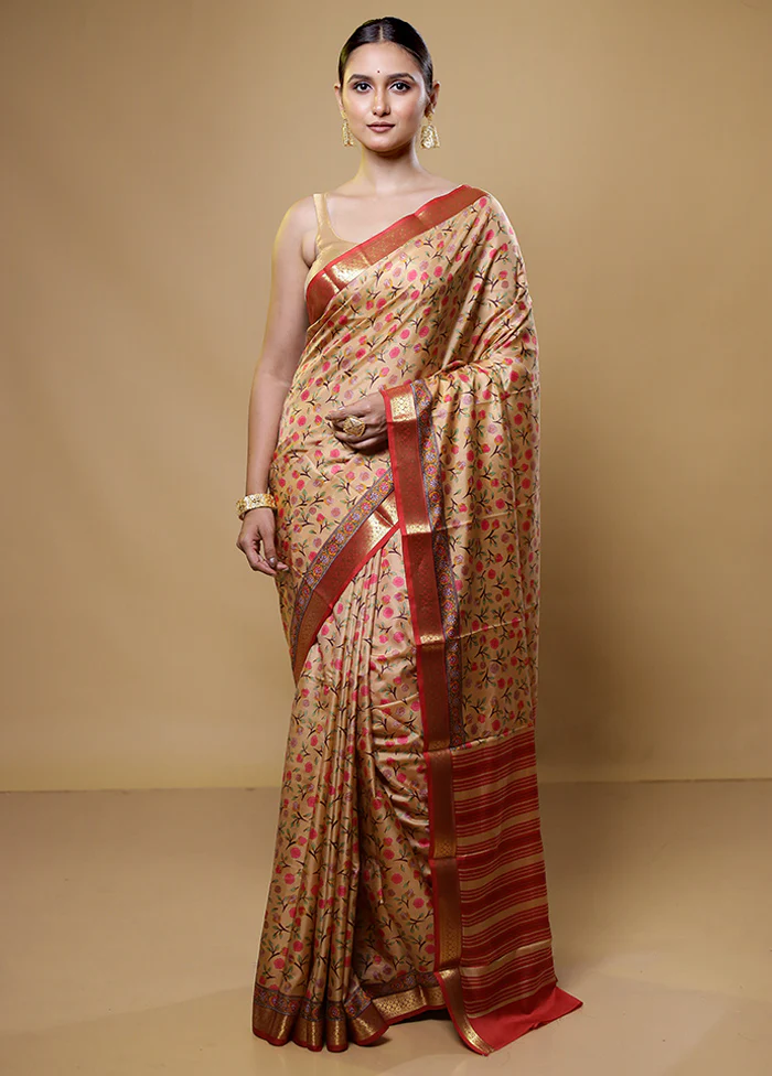 Cream Handloom Printed Pure Silk Saree Without Blouse Piece - Image 2