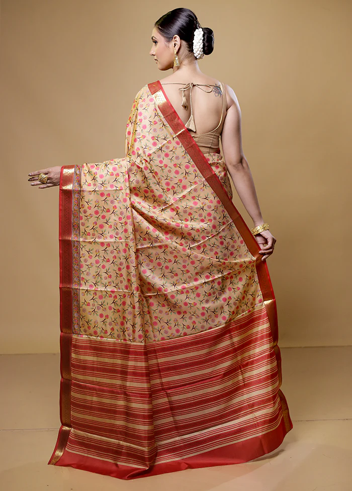 Cream Handloom Printed Pure Silk Saree Without Blouse Piece - Image 3