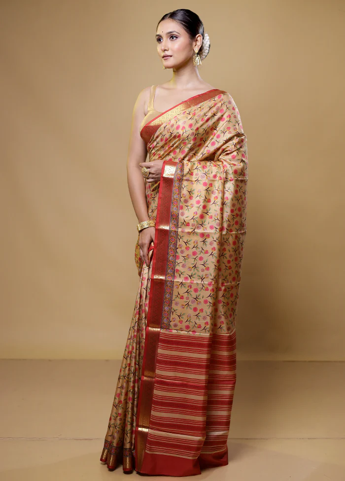 Cream Handloom Printed Pure Silk Saree Without Blouse Piece - Image 4