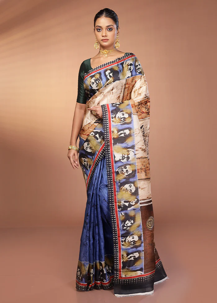 Cream Handloom Printed Pure Silk Saree Without Blouse Piece - Image 2