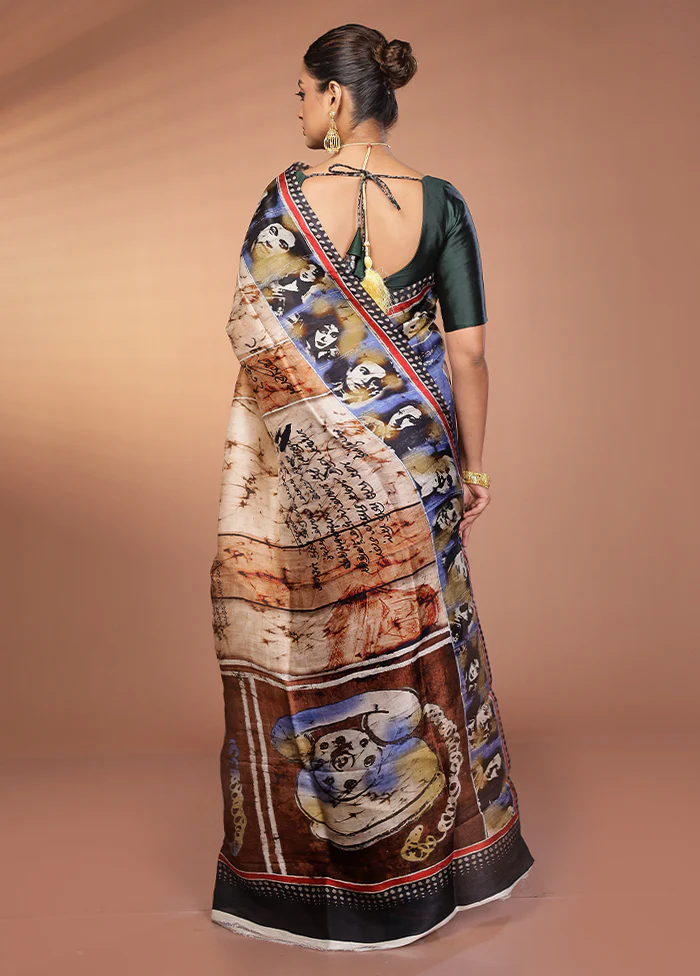 Cream Handloom Printed Pure Silk Saree Without Blouse Piece - Image 3
