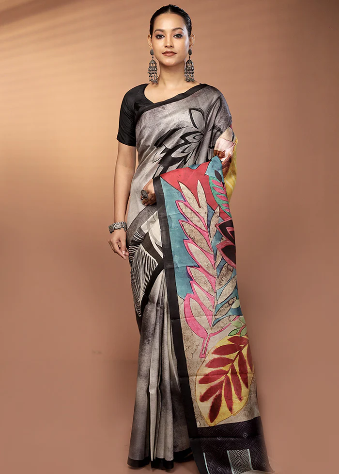 Grey Handloom Printed Pure Silk Saree Without Blouse Piece - Image 2
