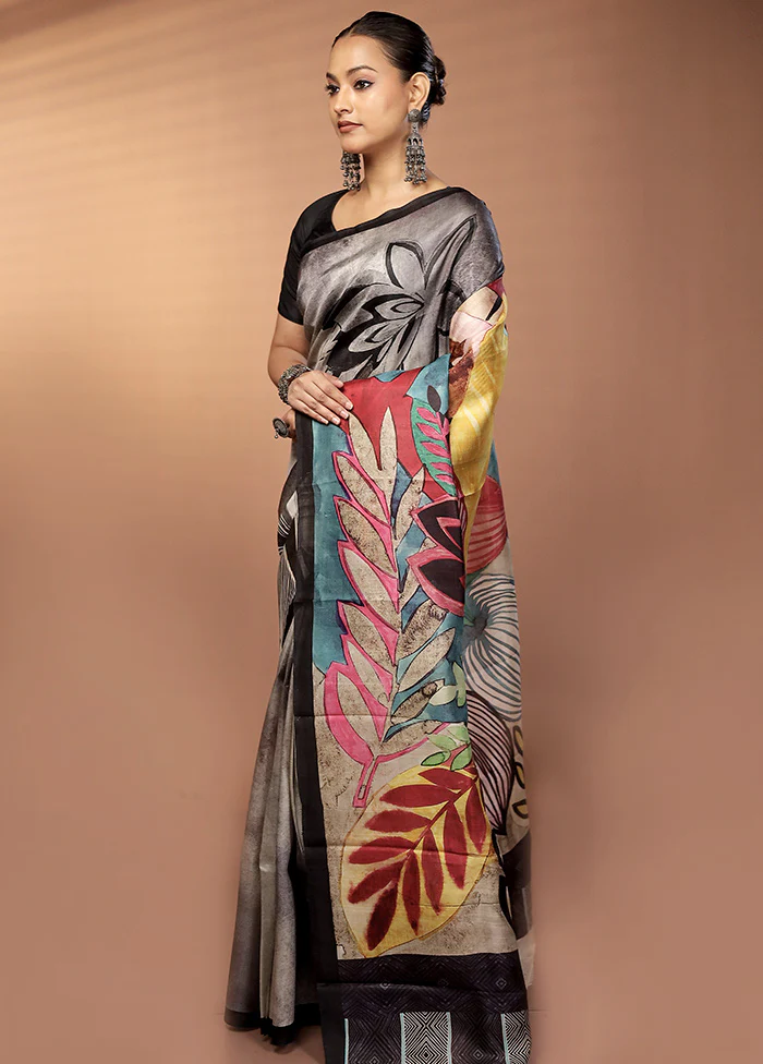 Grey Handloom Printed Pure Silk Saree Without Blouse Piece - Image 4