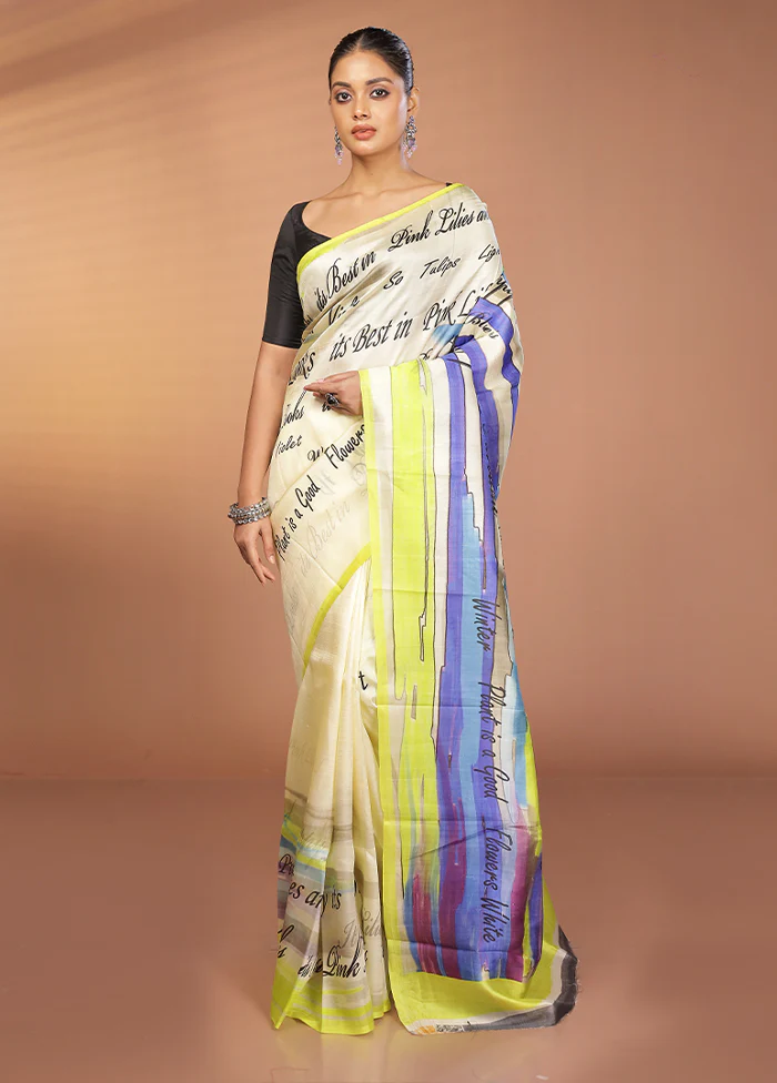 Cream Handloom Printed Pure Silk Saree Without Blouse Piece - Image 2