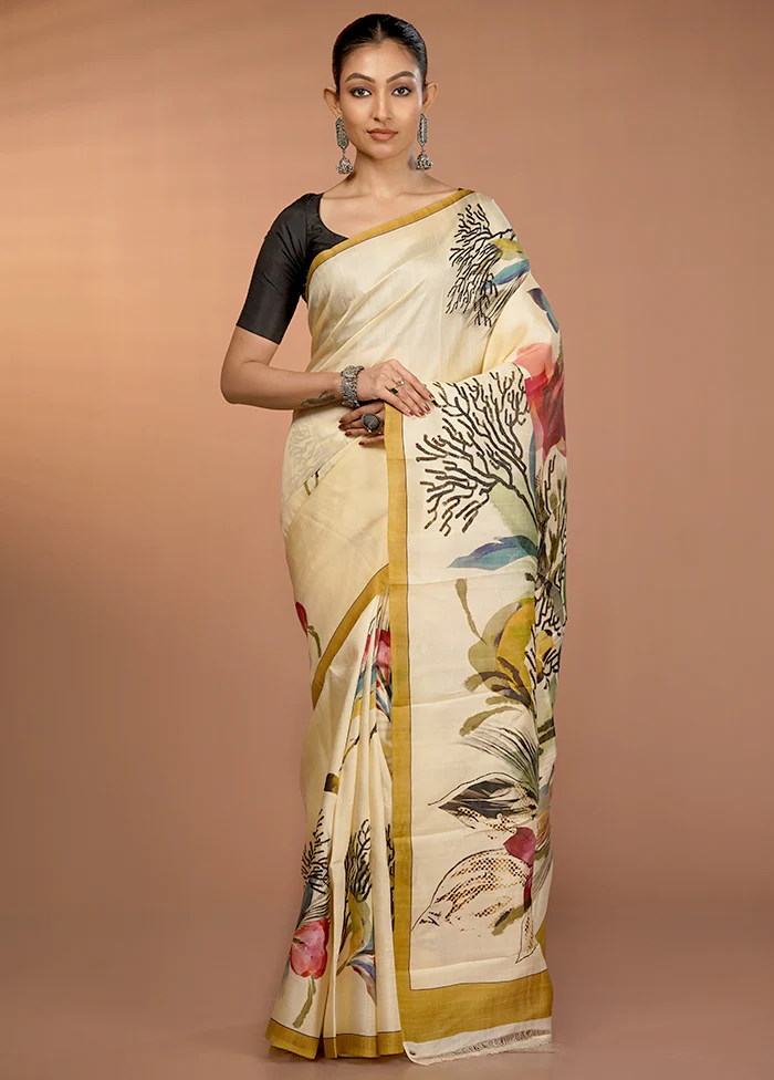 Cream Handloom Printed Pure Silk Saree Without Blouse Piece - Image 2