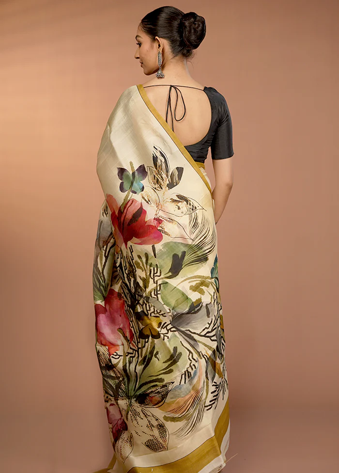 Cream Handloom Printed Pure Silk Saree Without Blouse Piece - Image 3