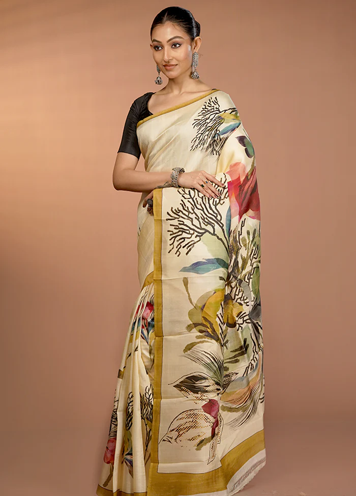 Cream Handloom Printed Pure Silk Saree Without Blouse Piece - Image 4