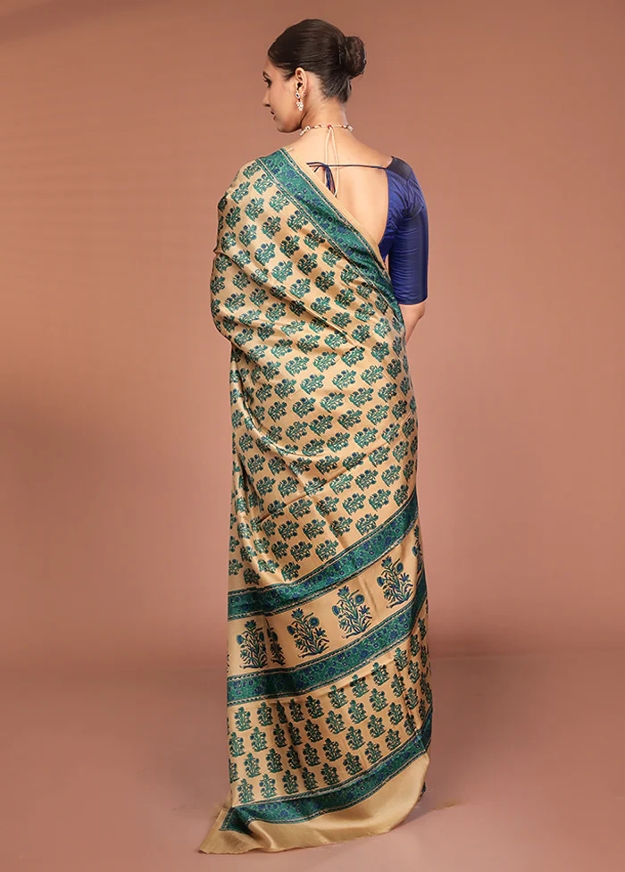 Cream Handloom Printed Pure Silk Saree Without Blouse Piece - Image 3