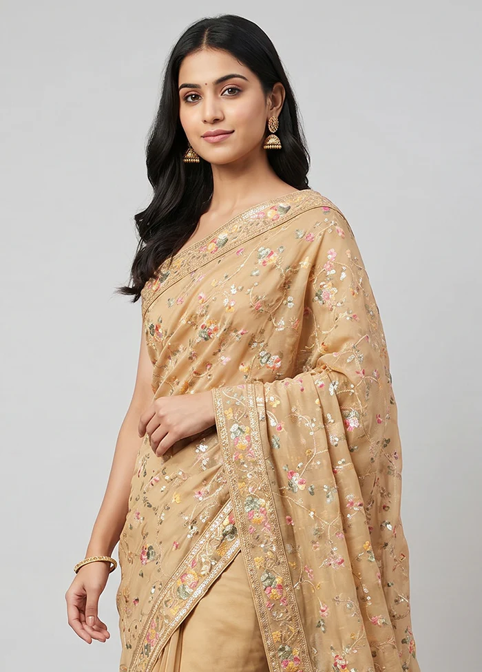 Cream Handloom Pure Georgette Saree With Blouse Piece - Image 2