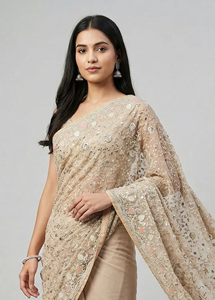 Cream Handloom Pure Georgette Saree With Blouse Piece - Image 2