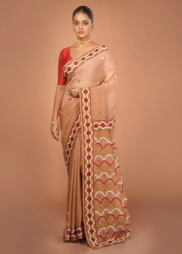 Cream Handloom Pure Georgette Saree With Blouse Piece - Image 2