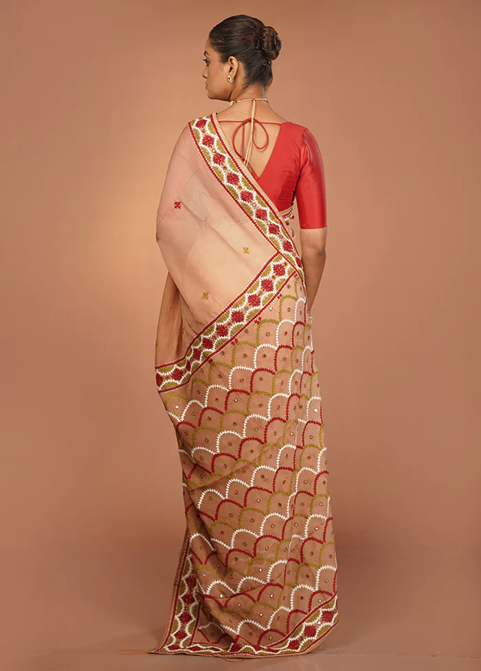 Cream Handloom Pure Georgette Saree With Blouse Piece - Image 3
