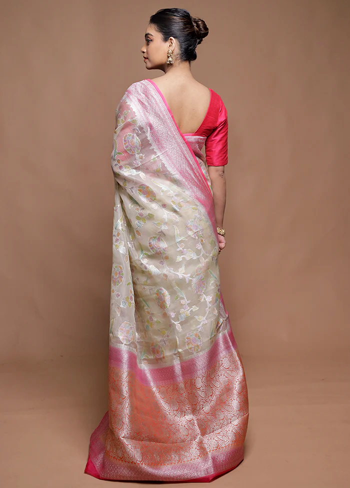 Cream Handloom Pure Organza Saree With Blouse Piece - Image 3