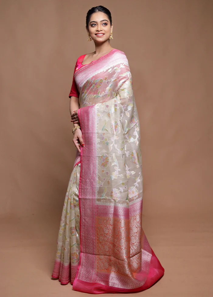 Cream Handloom Pure Organza Saree With Blouse Piece - Image 4