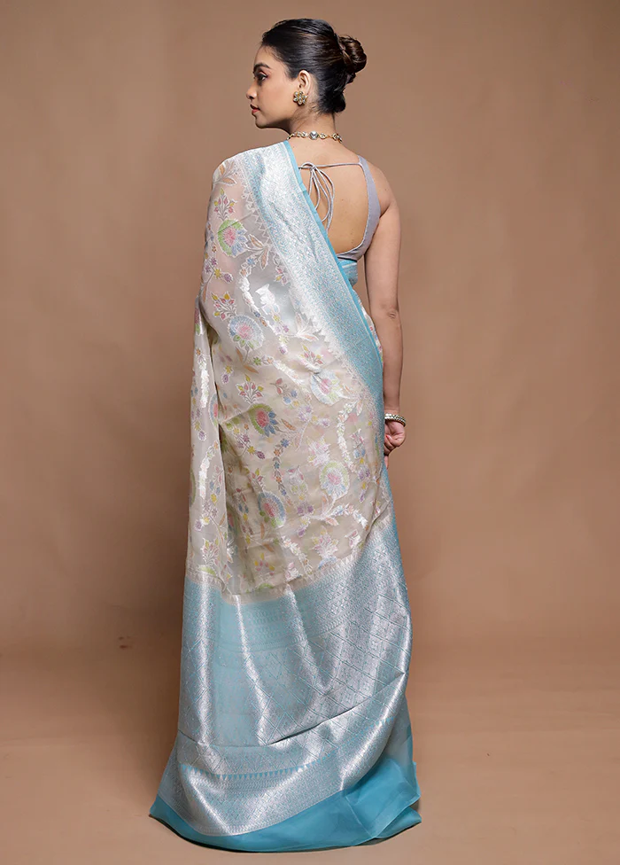 Cream Handloom Pure Organza Saree With Blouse Piece - Image 3