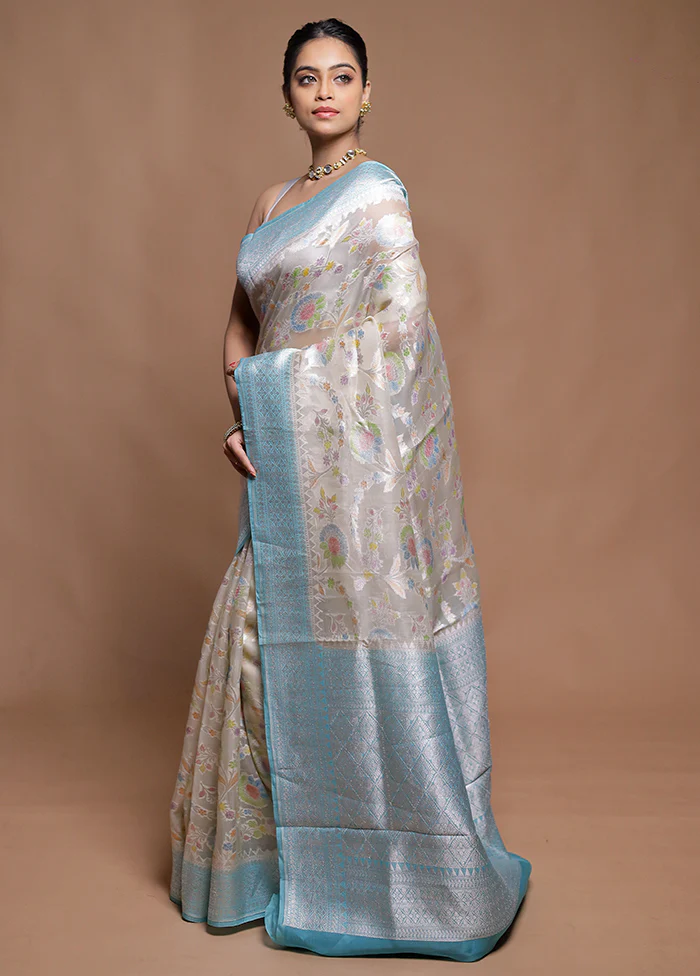 Cream Handloom Pure Organza Saree With Blouse Piece - Image 4
