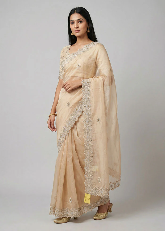 Cream Handloom Pure Organza Saree With Blouse Piece