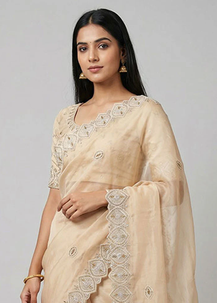Cream Handloom Pure Organza Saree With Blouse Piece - Image 2