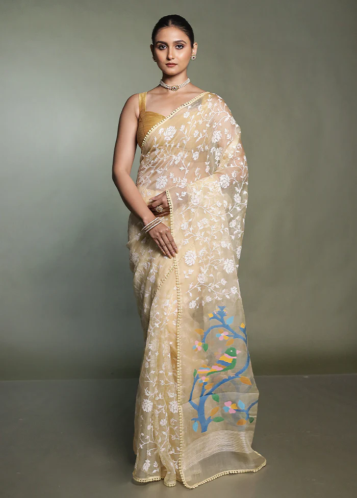 Cream Handloom Pure Organza Saree With Blouse Piece - Image 2