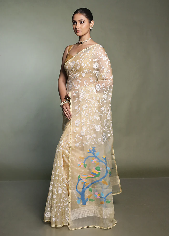 Cream Handloom Pure Organza Saree With Blouse Piece - Image 4