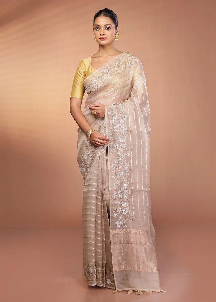 Cream Handloom Pure Organza Saree With Blouse Piece - Image 2