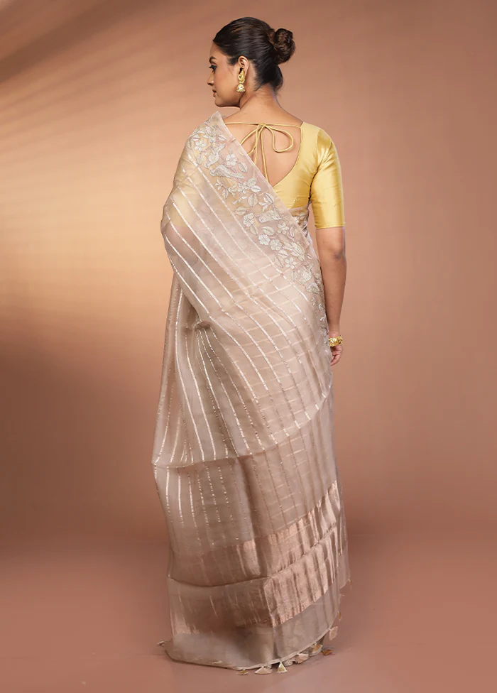 Cream Handloom Pure Organza Saree With Blouse Piece - Image 3