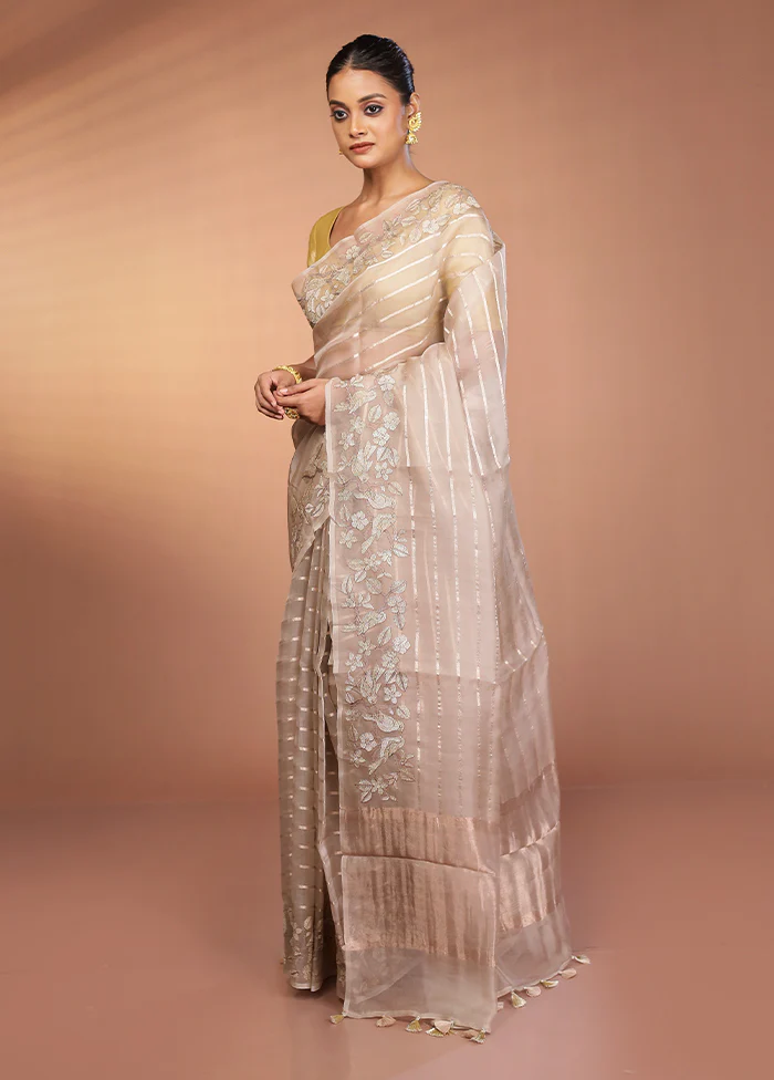 Cream Handloom Pure Organza Saree With Blouse Piece - Image 4