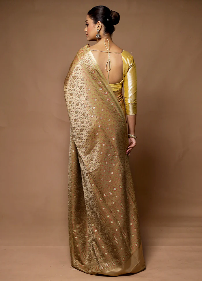 Cream Handloom Tanchoi Pure Silk Saree With Blouse Piece - Image 3