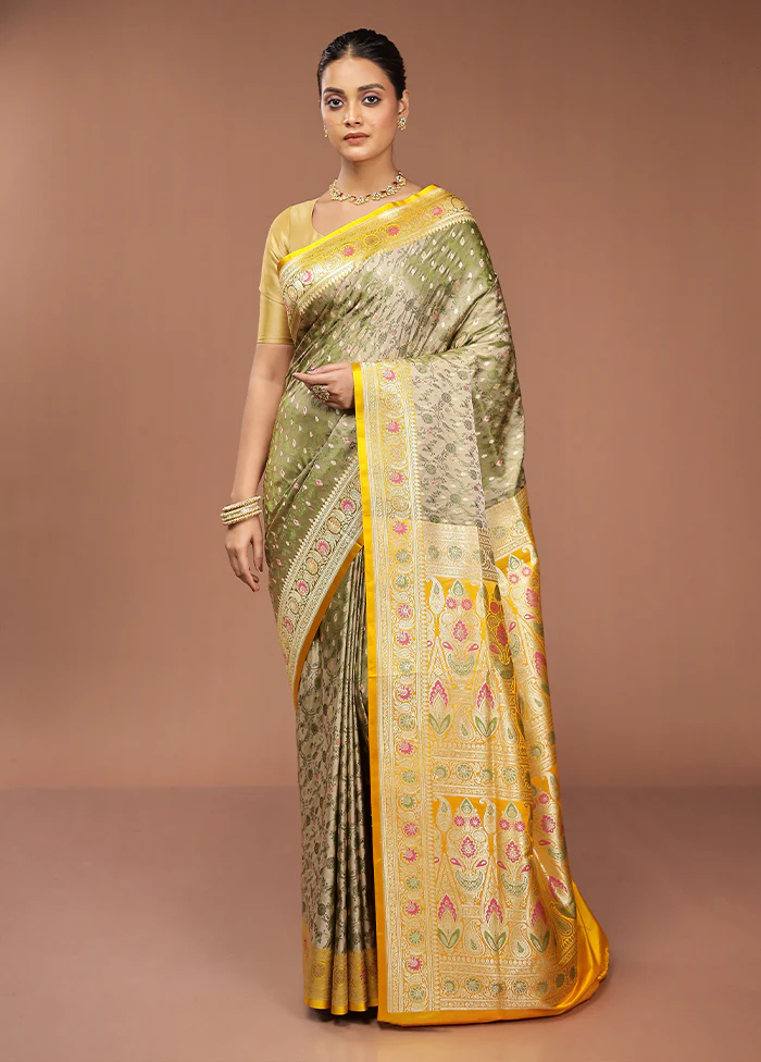 Cream Handloom Tanchoi Pure Silk Saree With Blouse Piece - Image 2