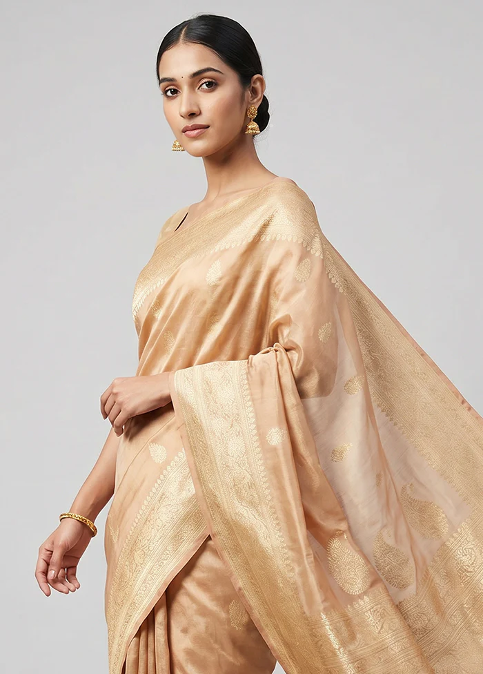 Cream Handloom Tissue Pure Silk Saree With Blouse Piece - Image 2