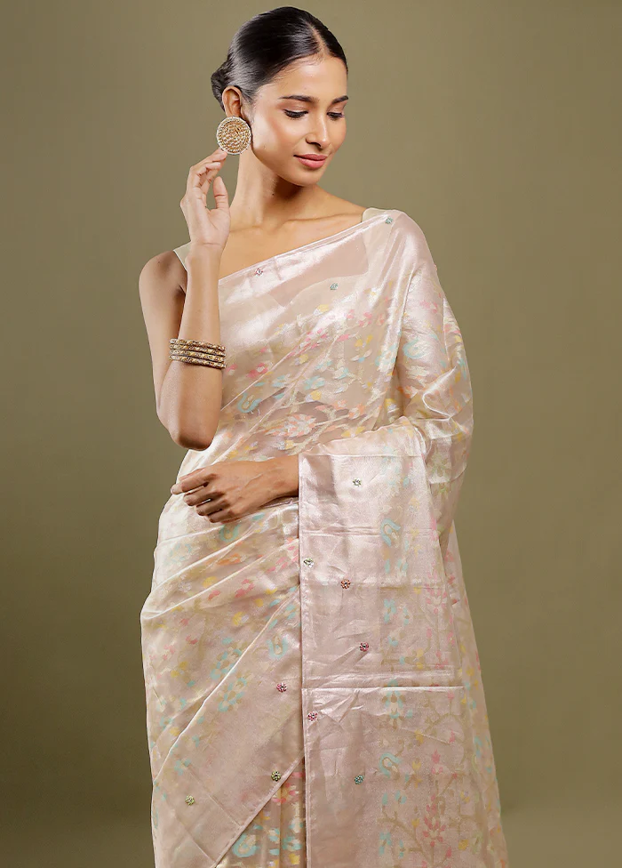 Cream Handloom Tissue Pure Silk Saree With Blouse Piece - Image 2