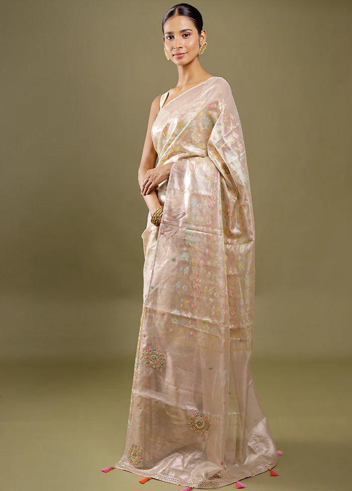 Cream Handloom Tissue Pure Silk Saree With Blouse Piece - Image 3