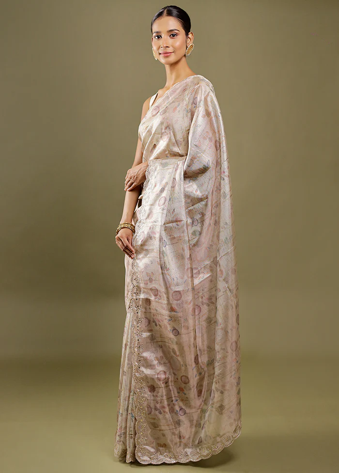 Cream Handloom Tissue Pure Silk Saree With Blouse Piece - Image 3