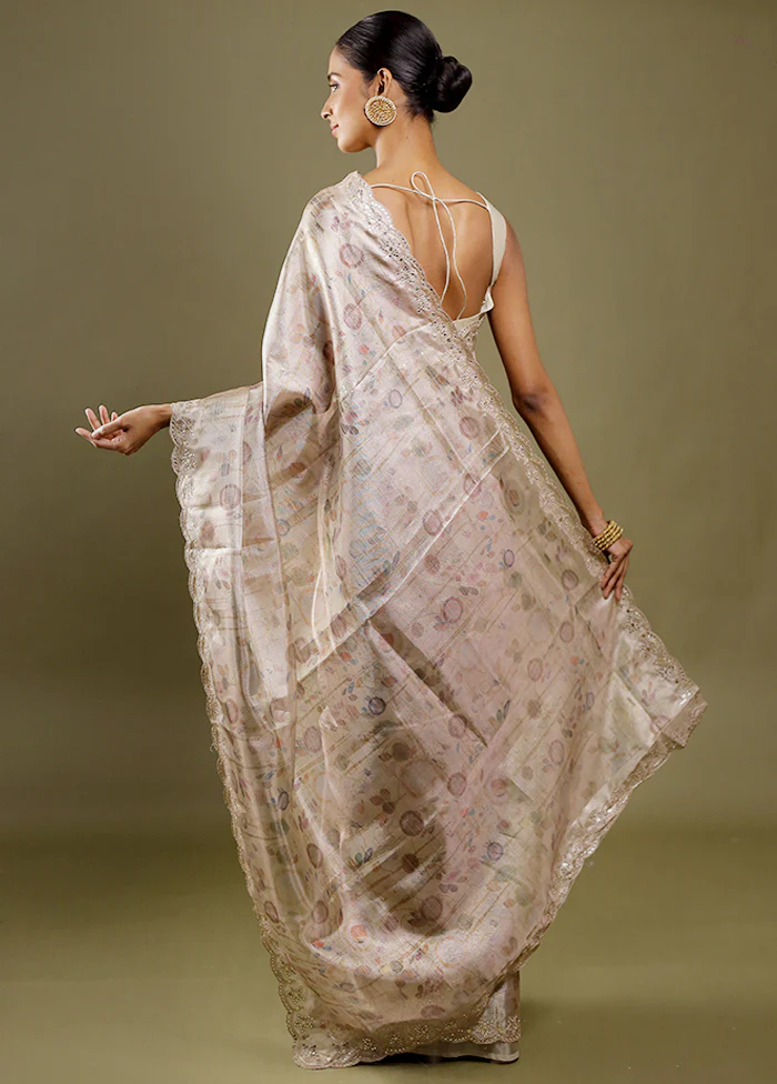 Cream Handloom Tissue Pure Silk Saree With Blouse Piece - Image 4