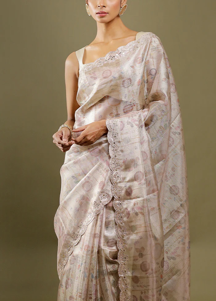 Cream Handloom Tissue Pure Silk Saree With Blouse Piece - Image 5