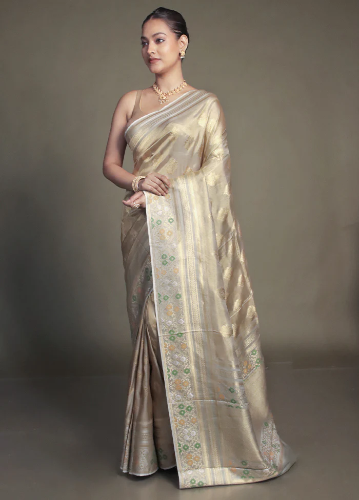 Cream Handloom Tissue Pure Silk Saree With Blouse Piece - Image 4