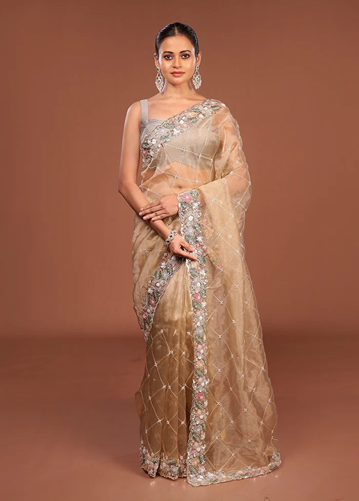 Cream Handloom Tissue Pure Silk Saree With Blouse Piece - Image 2