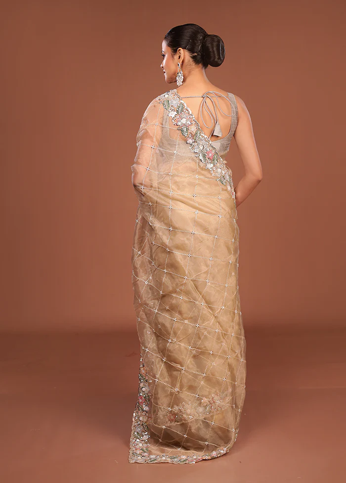 Cream Handloom Tissue Pure Silk Saree With Blouse Piece - Image 3