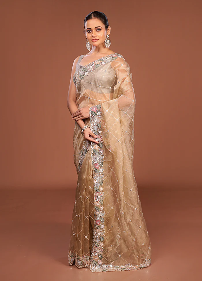 Cream Handloom Tissue Pure Silk Saree With Blouse Piece - Image 4