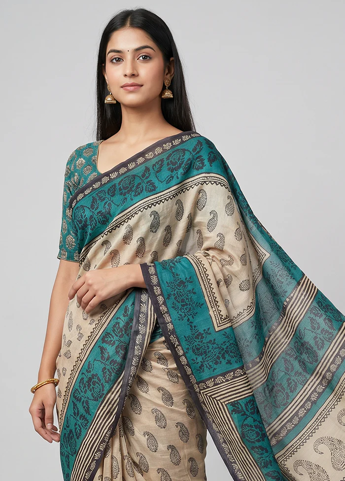 Cream Handloom Tussar Pure Silk Saree With Blouse Piece - Image 2